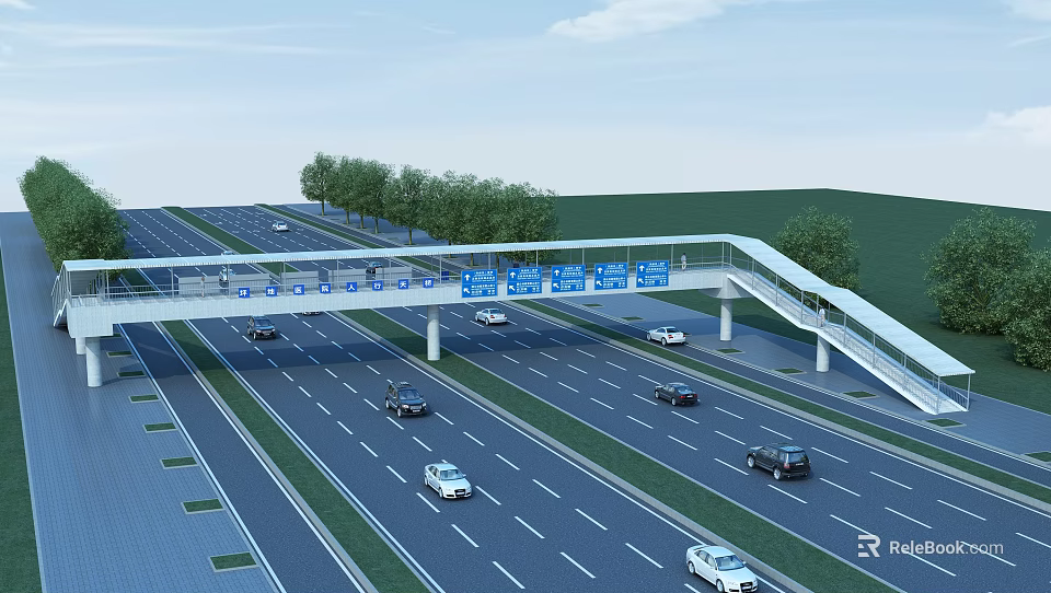 Highway Overpass with Vehicles on Road Flanked by Trees and Blue Structures Above 3d model