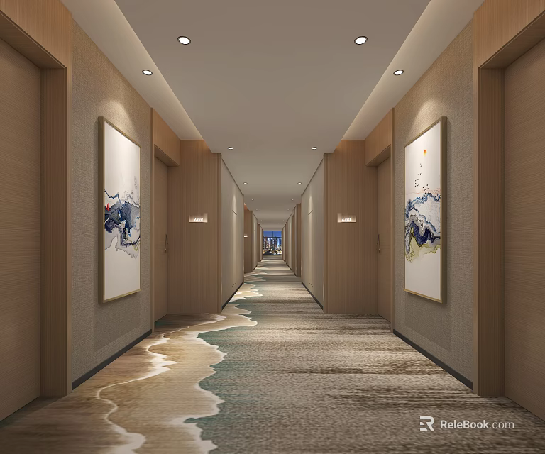 Elegant Hotel Corridor Interior With Side Doors Decorative Paintings Patterned Carpet And Ceiling Lights 3d model