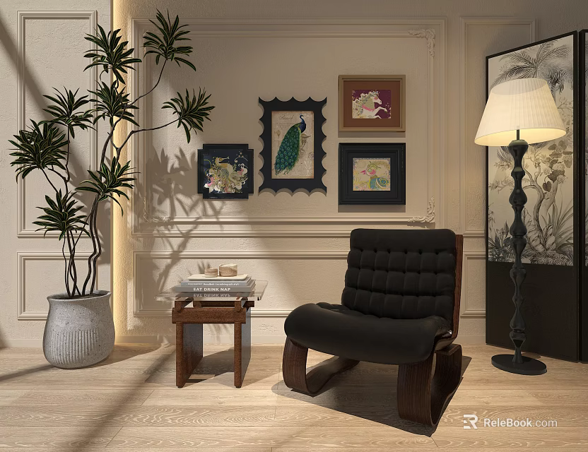 Black Quilted Rocking Armchair With Wooden Frame Floor Lamp Decorative Paintings And Green Plant 3d model 