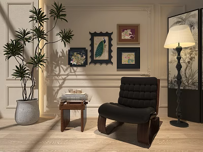 Black Quilted Rocking Armchair With Wooden Frame Floor Lamp Decorative Paintings And Green Plant 3d model