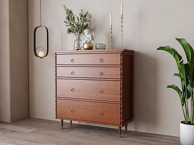Natural Wood Entryway Cabinet Sideboard With Drawers Metal Handles And Green Plant Decor 3d model