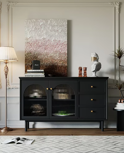 Black Sideboard with Mesh Doors Three Drawers Books and Sculptures with Wall Painting Floor Lamp 3d model