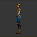 Game Movie Character In Blue Overalls With Sunflower Pattern Yellow Hat Brown Gloves And Boots