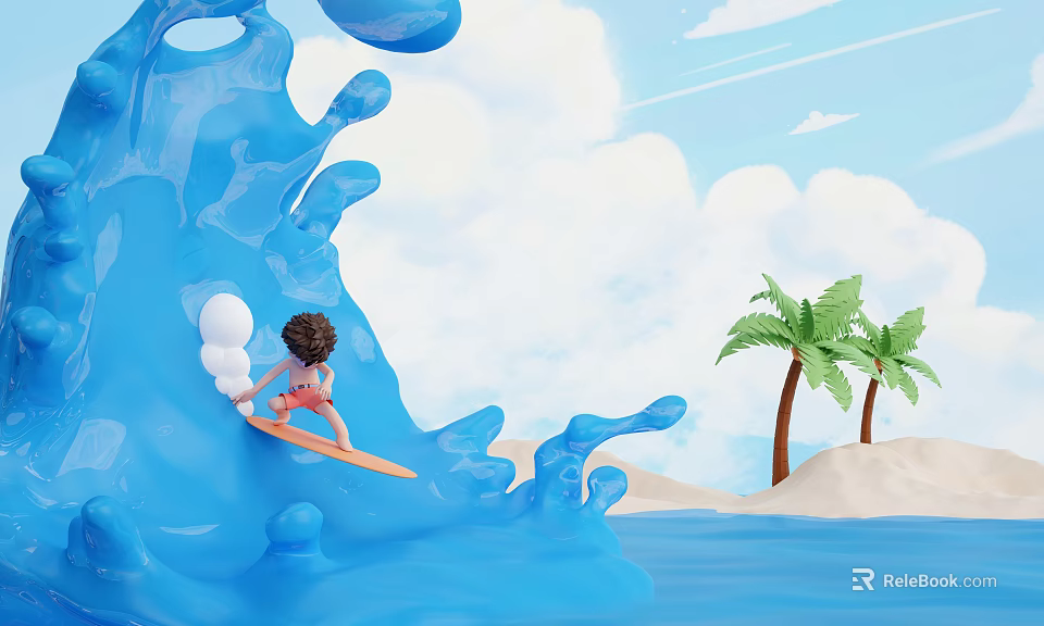 Cartoon Scene with Boy Surfing on Blue Water Splash Palm Trees Beach and White Clouds 3d model 