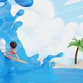 Cartoon Scene with Boy Surfing on Blue Water Splash Palm Trees Beach and White Clouds