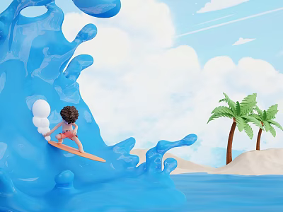 Cartoon Scene with Boy Surfing on Blue Water Splash Palm Trees Beach and White Clouds 3d model