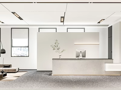 Modern Front Desk Reception Interior Design With Counter Computer Plant And Windows 3d model