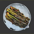 Spicy Pickled Green Yellow Vegetables on White Plate with Red Sauce