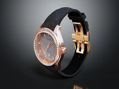Luxury Rose Gold Watch With Black Leather Strap And Diamond Accents On Dial 3d model