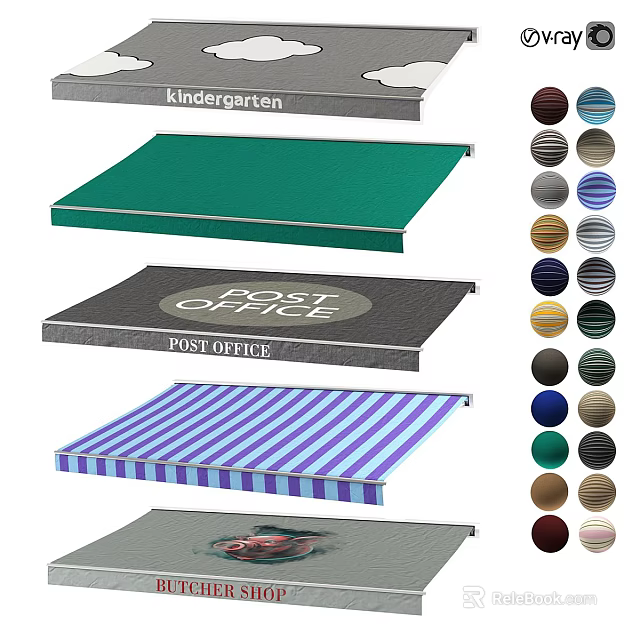 Different Types of Awnings for Kindergarten Post Office with Striped and Solid Colors 3d model 