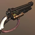 Steampunk Weapon Pistol with Metallic Barrel White Grip and Mechanical Details in Retro Futuristic Design