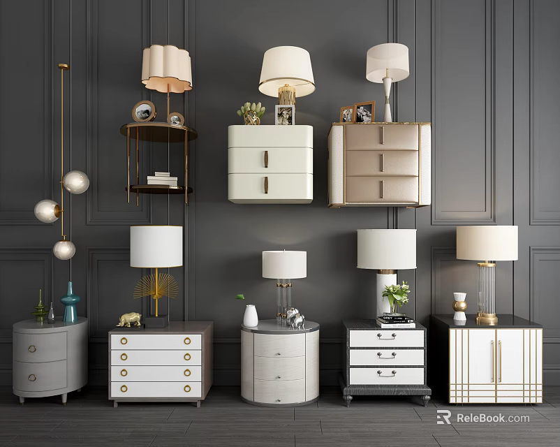 Modern Bedside Tables Design With Various Styles Table Lamps And Decorative Items 3d model