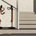 Artistic Sculptures In Modern Interior Staircase With Green Plants And Natural Light