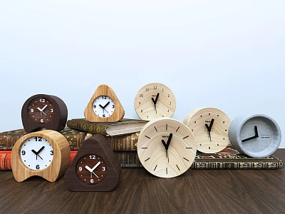 Decorative Table Clocks In Various Shapes And Colors On Stacked Books 3d model