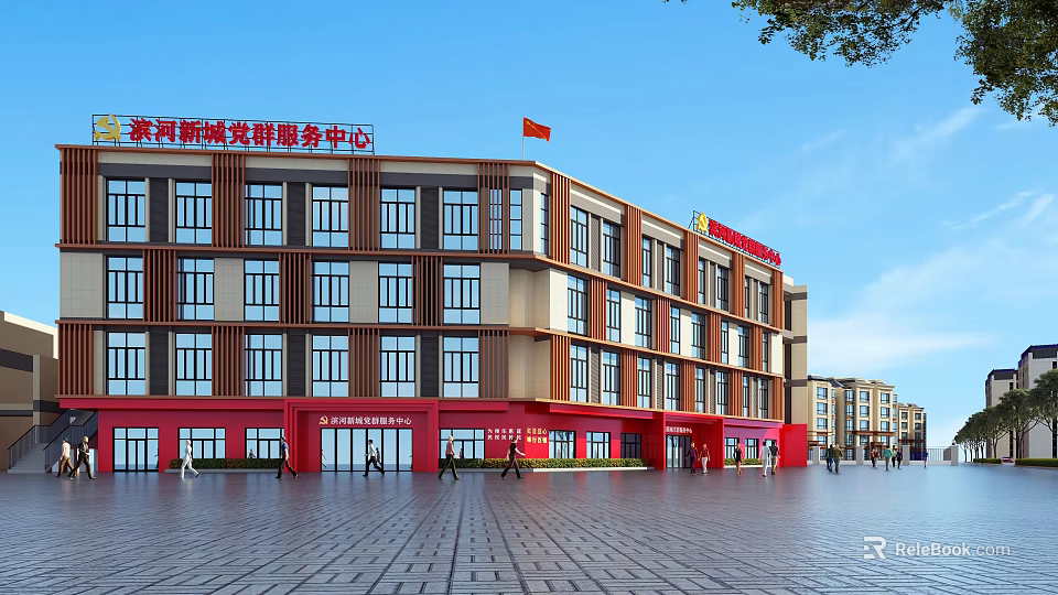 Multi Story Red Facade Community Service Center Building With Front Square And Flag 3d model 