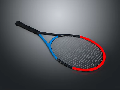 Colorful Tennis Racket With Black Handle Blue Frame And Red Edge 3d model