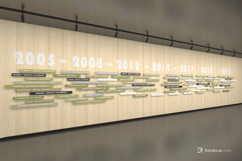 Wooden Background Wall Decorated With Timeline Years And Horizontal Strips 3d model 