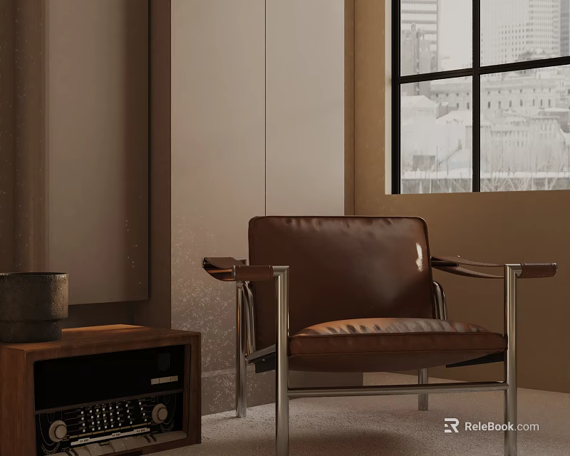 Brown Leather Leisure Chair With Metal Frame Wooden Side Table And City View Through Window 3d model 