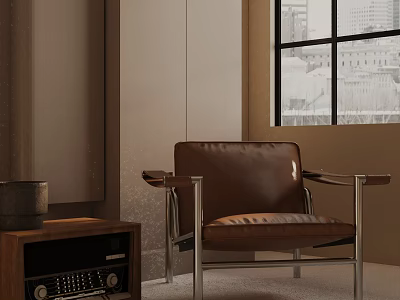 Brown Leather Leisure Chair With Metal Frame Wooden Side Table And City View Through Window 3d model