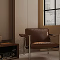Brown Leather Leisure Chair With Metal Frame Wooden Side Table And City View Through Window