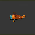Detailed Orange Vintage Biplane Model with Blue Propeller and Wheels on Dark Background