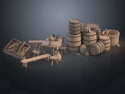 Rustic Handmade Household Items With Wooden Barrels Clay Pots Wooden Crate Table And Stools 3d model