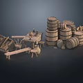 Rustic Handmade Household Items With Wooden Barrels Clay Pots Wooden Crate Table And Stools