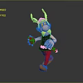 Cartoon Character in Horned Helmet Walking Holding Green Ball with Black Top and Red Pants