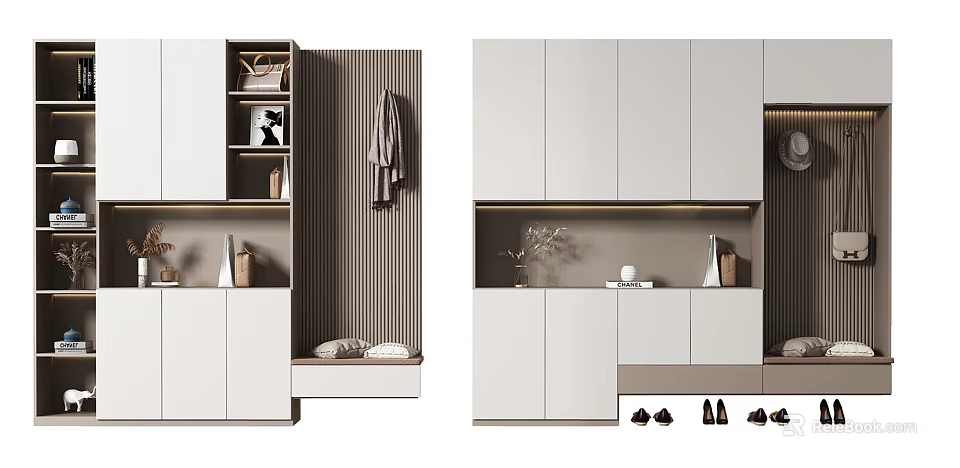 Modern Multifunctional Shoe Cabinet With Storage Space Coat Hanger And Decorative Elements 3d model