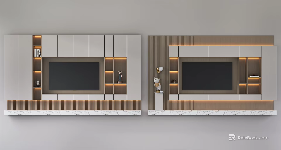 Modern Two TV Cabinet Designs with Marble Countertop Storage and Open Shelves 3d model 