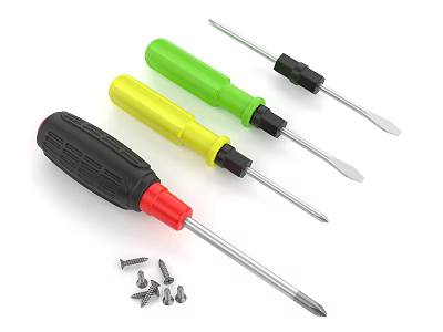 Colorful Hardware Screwdrivers with Metal Tips and Assorted Small Screws Set 3d model
