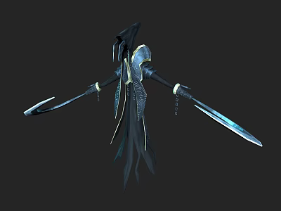 Mythical Fantasy Character With Twin Swords Dark Flowing Robe And Ethereal Design 3d model