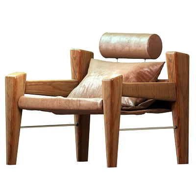 Modern Natural Wooden Frame Leisure Chair With Upholstered Seat And Cylindrical Back Pillow 3d model