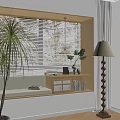 Bay Window With Window Blinds Cushioned Seat Storage Shelves Floor Lamp And Indoor Plants