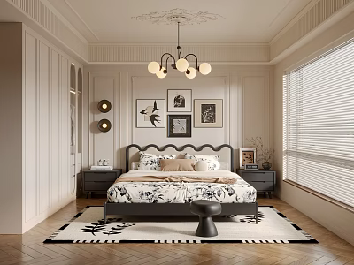 Elegant Modern Bedroom Interior With Upholstered Bed Chandelier Area Rug And Wall Art 3d model