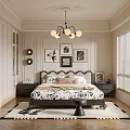 Elegant Modern Bedroom Interior With Upholstered Bed Chandelier Area Rug And Wall Art
