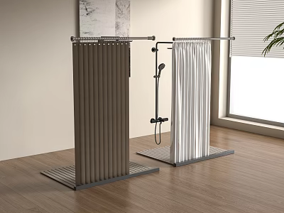 Brown And Silver Curtain For Bathroom With Shower Head And Wooden Floor 3d model