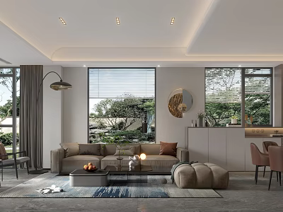 Modern Open Concept Living Dining Area With Sofa Dining Table Round Mirror And Greenery View 3d model