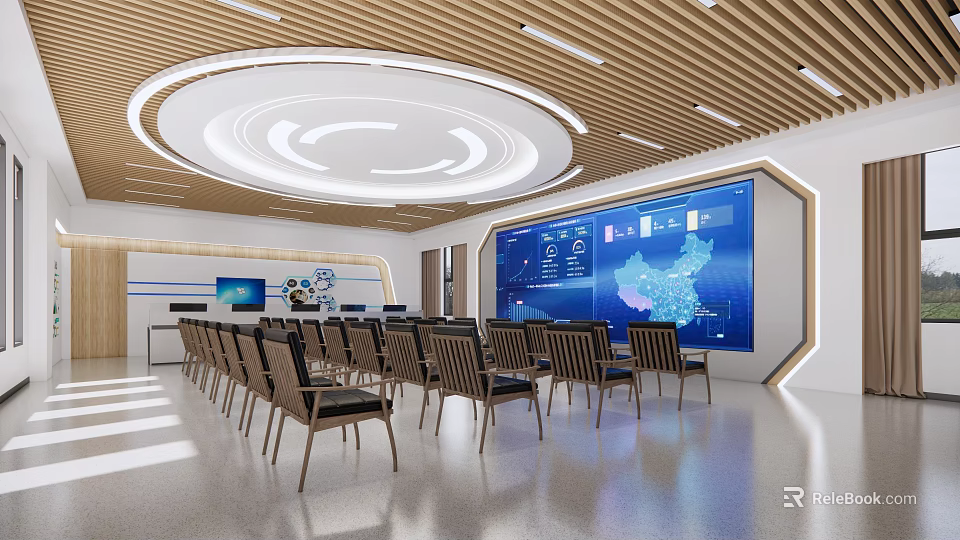 Modern Monitoring Room Interior With Large Monitoring Screens And Control Consoles 3d model 