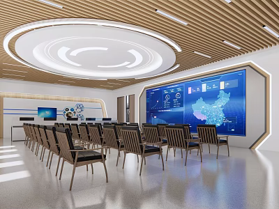 Modern Monitoring Room Interior With Large Monitoring Screens And Control Consoles 3d model