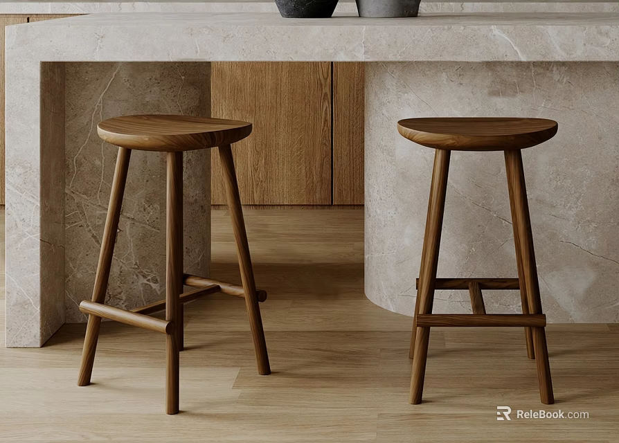 Modern Wooden Stools In Kitchen With Marble Countertop Wooden Cabinets And Wooden Floor 3d model 