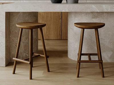Modern Wooden Stools In Kitchen With Marble Countertop Wooden Cabinets And Wooden Floor 3d model