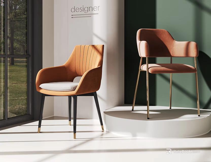 Modern Accent Chairs With Striped Orange Light Pink Upholstery Metal Legs Bright Green Wall Room 3d model 