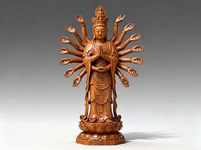 Exquisite Wooden Guanyin Sculpture with Thousand Hands and Eyes on Lotus Base Intricate Carving 3d model