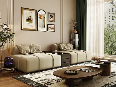 Modern Elegant Living Room with Beige Sofa Green Curtains Wall Art Rug and Coffee Table 3d model