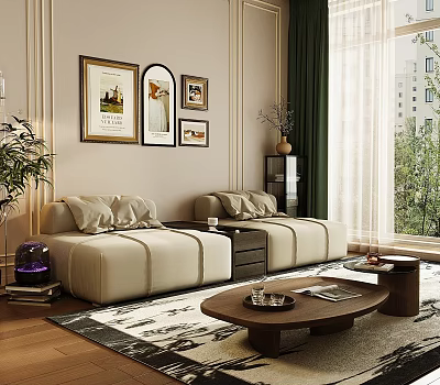 Modern Elegant Living Room with Beige Sofa Green Curtains Wall Art Rug and Coffee Table 3d model