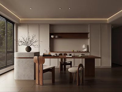 Modern Restaurant Interior Design With Wooden Dining Table Marble Bar Window Blinds And Pendant Lights 3d model