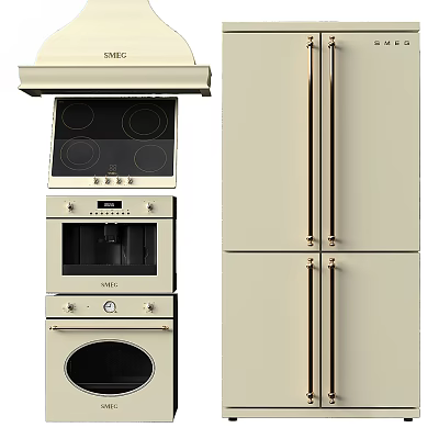 Stylish Cream Colored Kitchen Appliances With Cooktop Range Hood Oven And Refrigerator 3d model