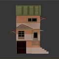 Cartoon Scene House With Green And Red Roofs Orange Walls Windows Stairs And Awnings