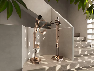 Artistic Sculptures In Modern Interior Staircase With Green Plants And Natural Light 3d model